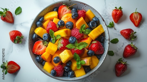 A bowl of vibrant mixed fruit salad, including slices of mango, strawberries, and blueberries, placed centrally on a minimalist white background, providing ample space for text around it