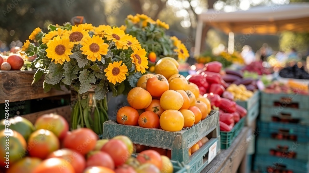 A bright and colorful farmers' market scene showcasing stalls laden with fresh summer produce, flowers, and handcrafted goods, emphasizing healthy living and community