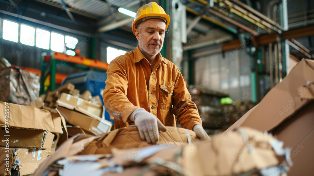 Hardworking man in protective gear sorting through cardboard waste at a recycling plant. Hardworking man in protective gear sorting through cardboard waste at a recycling plant.