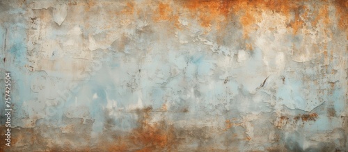 A detailed close up of a rusty metal wall texture, showcasing hues of brown, peach, and electric blue. The intricate pattern resembles a work of art reminiscent of wood painting in visual arts