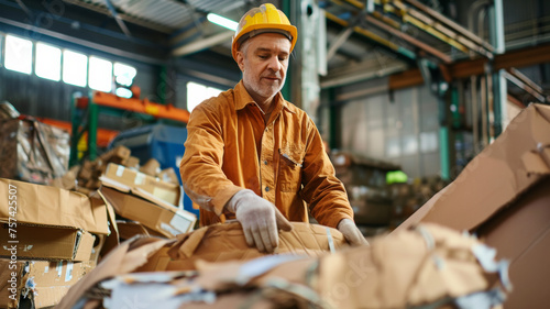 Hardworking man in protective gear sorting through cardboard waste at a recycling plant.