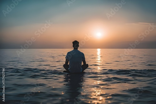 Man sitting on the ocean during sunrise.