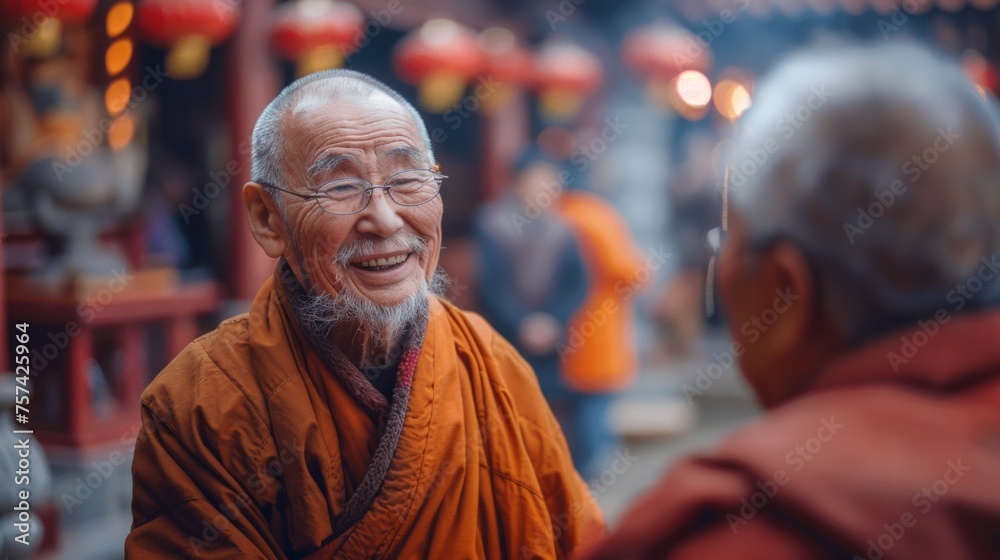 Buddhist monks in traditional clothes talking to each other outdoors with monastery on background.