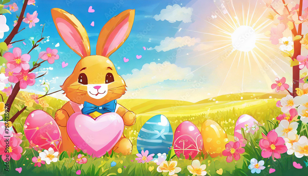 Easter bunny in flowers on a festive background.