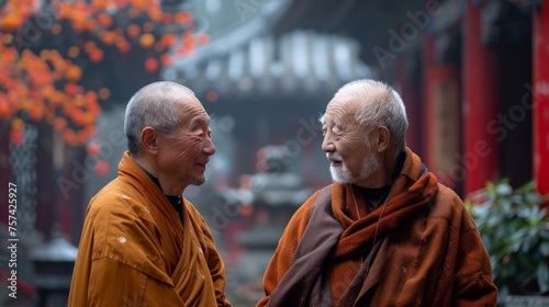 Buddhist monks in traditional clothes talking to each other outdoors with monastery on background.