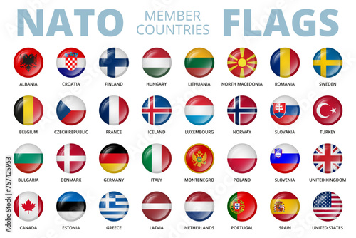 Flags of NATO member countries. Round button badge. Vector and PNG on transparent background.