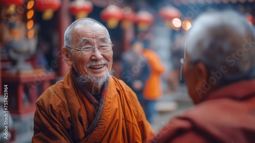 Buddhist monks in traditional clothes talking to each other outdoors with monastery on background.