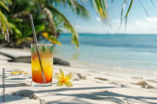 refreshing colorful cocktail with a metal straw on a white sand beach close up, palm trees and sea in the background, plumeria flowers by the cocktail