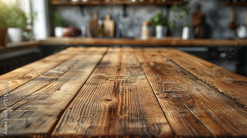 A close-up of a raw wooden table top, its grain and natural wear providing a unique backdrop. Behind, the kitchen fades into a soft bokeh, drawing attention to the foreground and offering