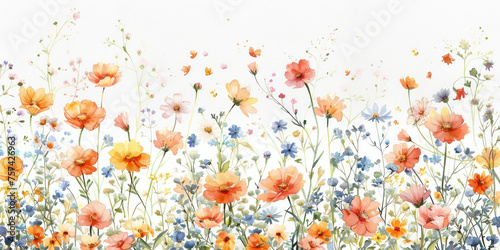 Watercolor painting of vibrant poppies and wildflowers on a clean white background with artistic brush strokes and delicate details