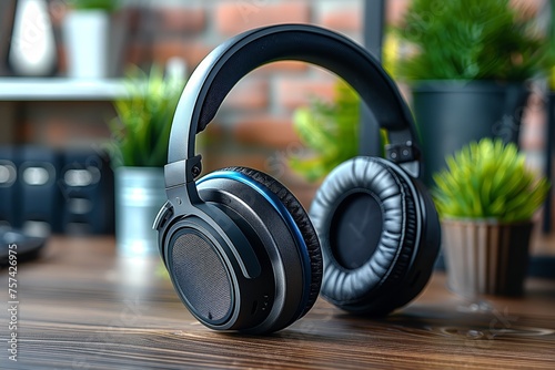 High-quality headphones on a rustic wood table photo