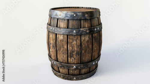 A rustic wooden barrel isolated on a white background.