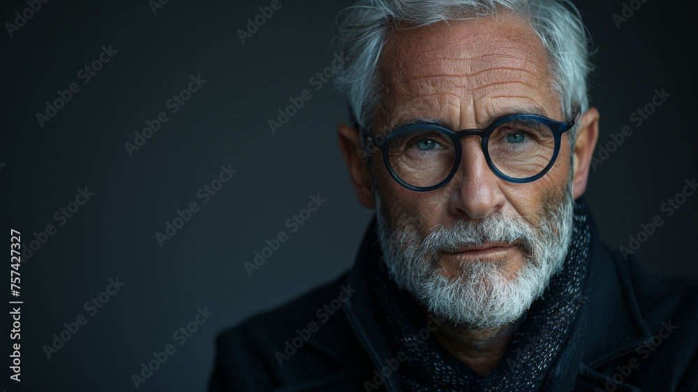 Obraz premium A distinguished older man with grey hair and piercing blue eyes.