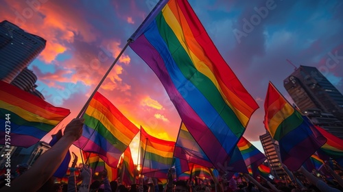 A colorful Pride parade with rainbow flags, symbolizing equality and acceptance for the LGBTQ+ community.