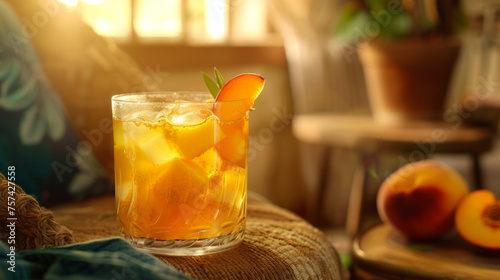The warm glow of golden hour illuminates a chilled peach tea, evoking feelings of tranquility and indulgence