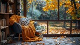 A cozy autumn reading nook setup with a stack of books, a comfortable chair, and a warm blanket, welcoming the cooler days of September. 