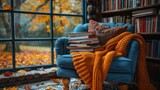A cozy autumn reading nook setup with a stack of books, a comfortable chair, and a warm blanket, welcoming the cooler days of September. 
