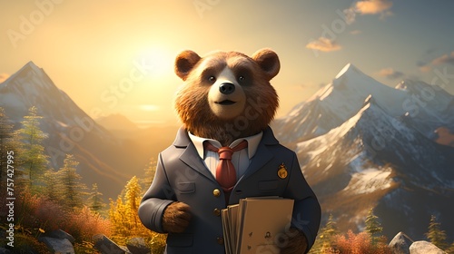 A bear wearing a suit and tie is standing in front of a mountain range