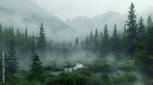 A forest with a stream running through it and fog, mountains in the distance, with a foggy sky and fog in the background, Generative Ai © xpert