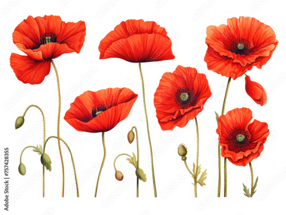 poppy collection set isolated on transparent background, transparency image, removed background