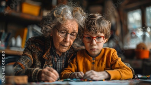 A creative session at the dining table where a grandmother and her grandson are crafting handmade greeting cards with glitter, markers, and stickers, surrounded by craft supplies 