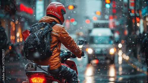 A delivery person on a motorcycle swerving to avoid a pothole, packages secured on the back, emphasizing the additional risks and challenges faced by those working on the road in a city  photo