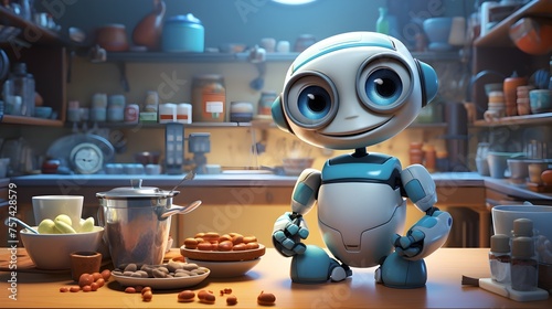 A robot is standing in front of a kitchen counter with a bowl of nuts in front o