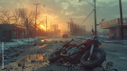 A deserted intersection at dawn, where a crashed motorcycle lies in a heap against a car's side. The early morning light casts long shadows, highlighting the isolation and suddenness of the accident