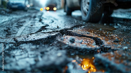 A detailed shot of an old, damaged asphalt pavement, with visible layers and textures, a tire puncture repair van parked nearby, symbolizing the frequent necessity  photo