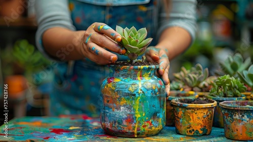 A detailed view of a woman's hands planting a succulent in a jar that has been lovingly painted with eco-friendly paint, emphasizing the importance of sustainability and personal touch in home