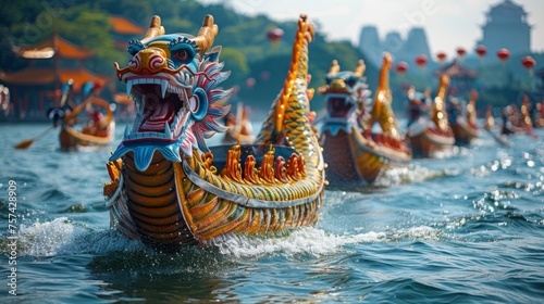 A Dragon Boat Festival race, with teams energetically paddling in sync, celebrating this traditional Chinese holiday photo