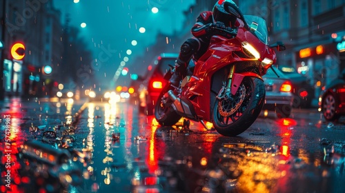 A dramatic evening scene where emergency services attend to a motorcycle and car collision, with paramedics providing assistance. The chaotic energy is palpable as the city continues