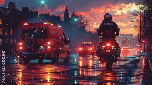 A dramatic evening scene where emergency services attend to a motorcycle and car collision, with paramedics providing assistance. The chaotic energy is palpable as the city continues