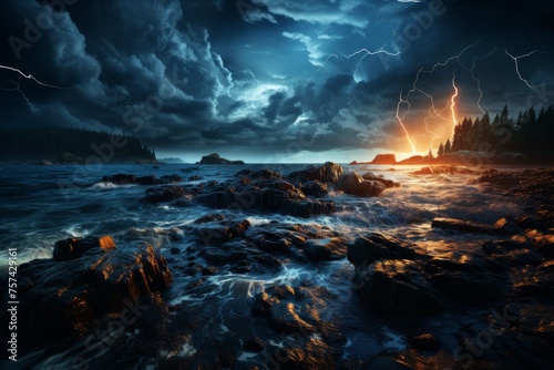 A thunderstorm rages over the ocean at dusk, with rocks in the foreground