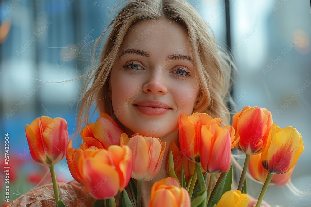 A cute brown-eyed blonde in a sundress holds an armful of tulips and laughs. Background of non-blurred modern skyscrapers. A cute brown-eyed blonde in a sundress holds an armful of tulips and laughs. Background of non-blurred modern skyscrapers.