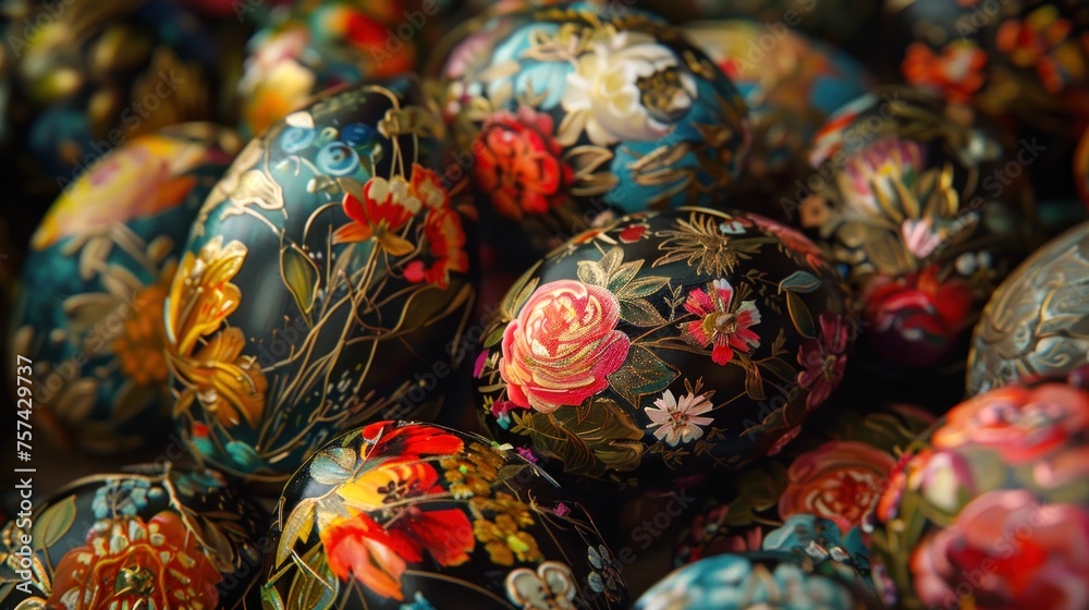 The image captures beautifully detailed and handcrafted Easter eggs with elegant floral motifs, symbolizing rebirth and spring