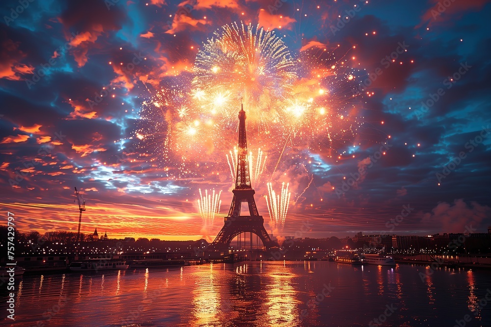 The Eiffel Tower stands majestically against a sky illuminated by vibrant fireworks, reflecting a joyous celebration in a Parisian evening - obrazy, fototapety, plakaty 