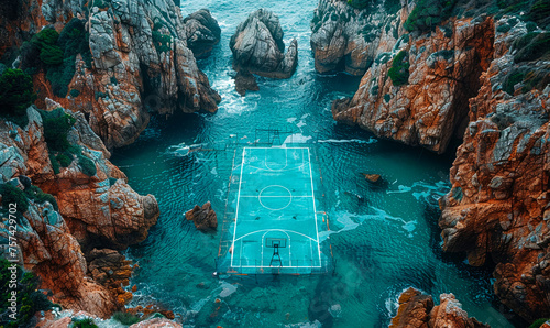 Basketball Court Encircled by Rocky Cliffs Above Crystal Sea photo