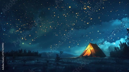 Under the expansive star-filled night sky  a tent emits a warm glow