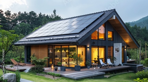 Modern villa hung with solar panels © artdolgov