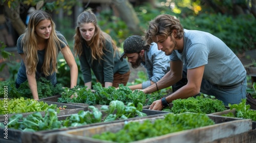 A group of city dwellers gathered around wooden raised garden beds, their hands busy harvesting crisp lettuce and vibrant carrots, sharing laughter and tips for sustainable living