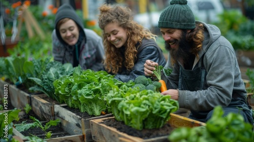 Wallpaper Mural A group of city dwellers gathered around wooden raised garden beds, their hands busy harvesting crisp lettuce and vibrant carrots, sharing laughter and tips for sustainable living in their bustling Torontodigital.ca