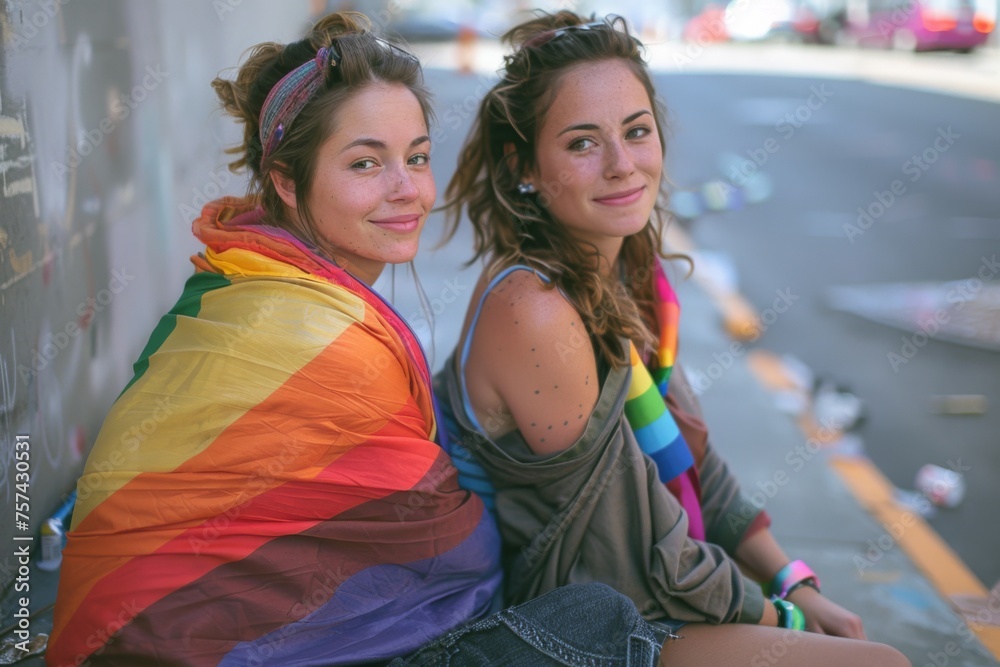 Two women sitting on a curb with a colorful rainbow blanket wrapped around them on a sunny day.