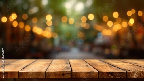 The empty wooden table top with blur background of outdoor cafe. Exuberant image. generative ai