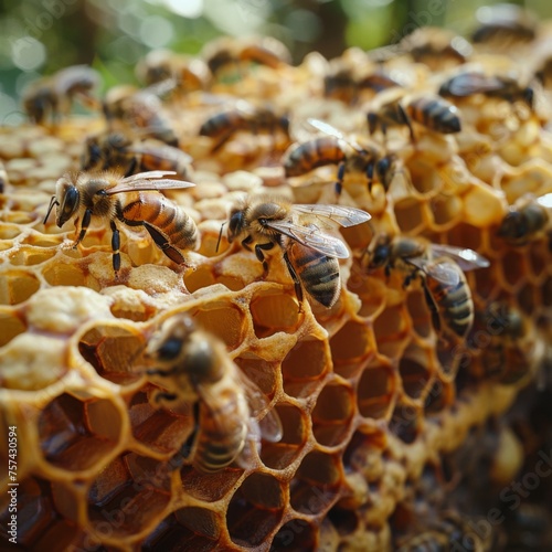 A group of small bees busily working on the outer comb of a beehive, with a close focus on their cooperation and the detailed structure of the comb, against a backdrop of a lush garden