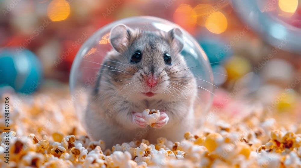 A hamster out of its cage, rolling around the house in a clear exercise ball, navigating between furniture legs and pausing to nibble on a found piece of popcorn, enjoying its little adventure A hamster out of its cage, rolling around the house in a clear exercise ball, navigating between furniture legs and pausing to nibble on a found piece of popcorn, enjoying its little adventure