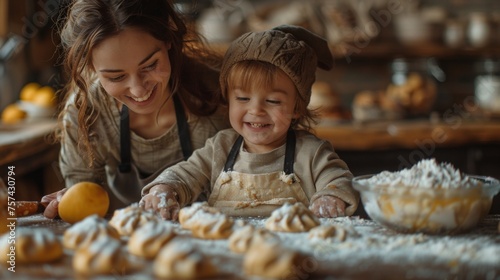 A happy handicapped down syndrome child with his mother indoors baking