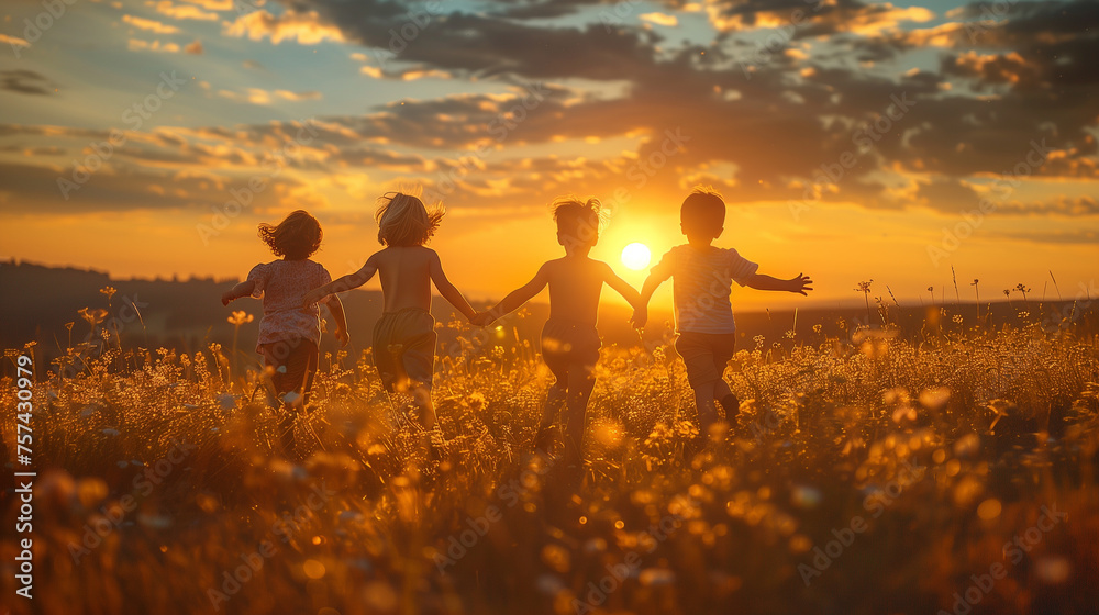 happy smiling kids running at sunset
 in the park,ai