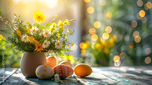 A vibrant display of various flowers in a ceramic vase accompanied by a basket of painted Easter eggs, symbolizing rebirth and joy