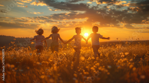 happy smiling kids running at sunset in the park,ai